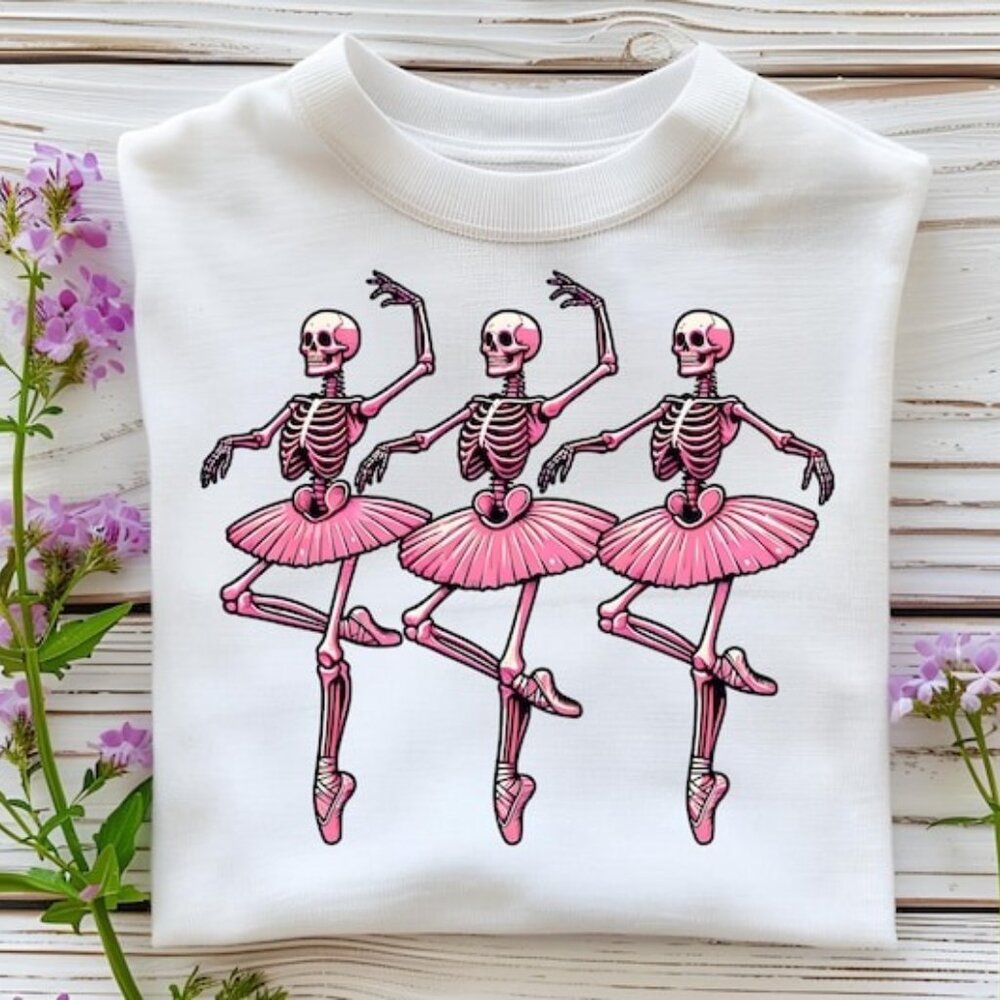 Pink Ballerina Skeleton T-Shirt Sublimation Designs Ballet Skeleton Dancing